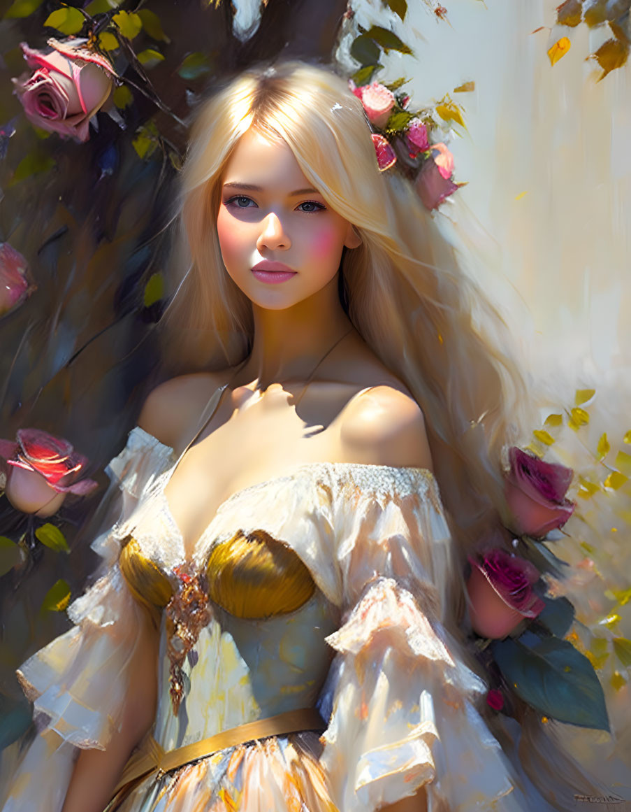 Blonde-haired woman with roses in pastel dress in ethereal digital art