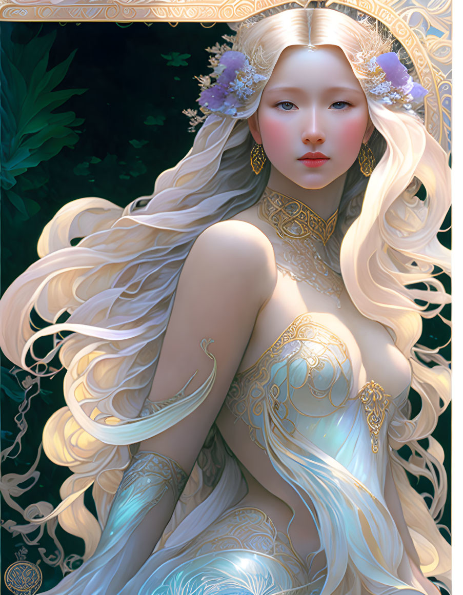 Ethereal illustration of woman with blonde hair and floral adornments