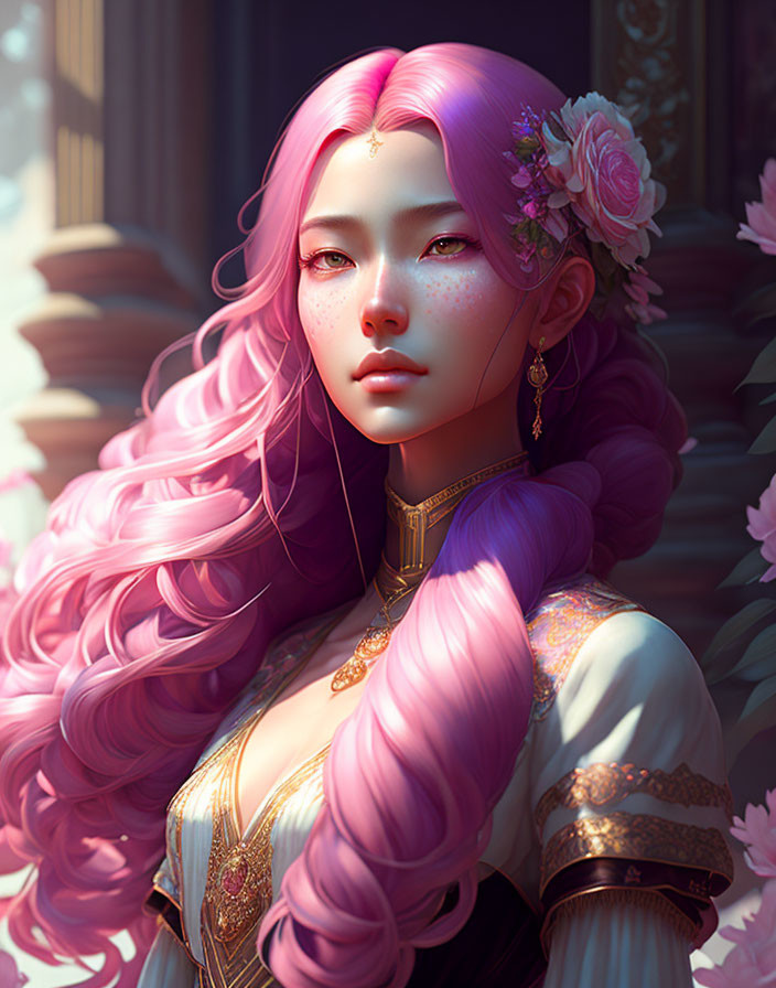 Digital Artwork: Young Woman with Pink Hair and Floral Adornments