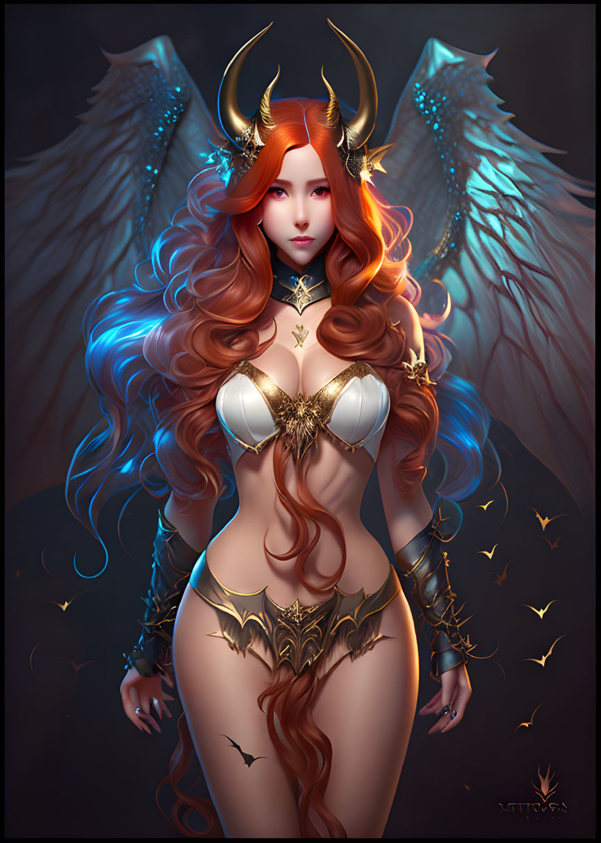 Fantasy illustration of a woman with red hair, golden horns, wings, and ornate avian