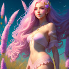 Digital artwork: Woman with pink hair and blue eyes in fantasy outfit, surrounded by purple flora in a