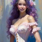 Smiling woman with purple hair in corset dress and floral accessory