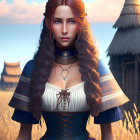 Digital artwork: Woman with long curly hair, blue eyes, historical dress, lace details, in front