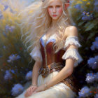 Fantasy illustration of an elfin woman with long blond hair and floral circlet in medieval-style dress