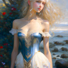 Blonde woman in ornate corset dress among nature.