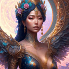 Ethereal figure with blue hair and ornate crown in swirling gold flames