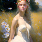 Woman with Flower Wreath in White Flower Field wearing White Dress