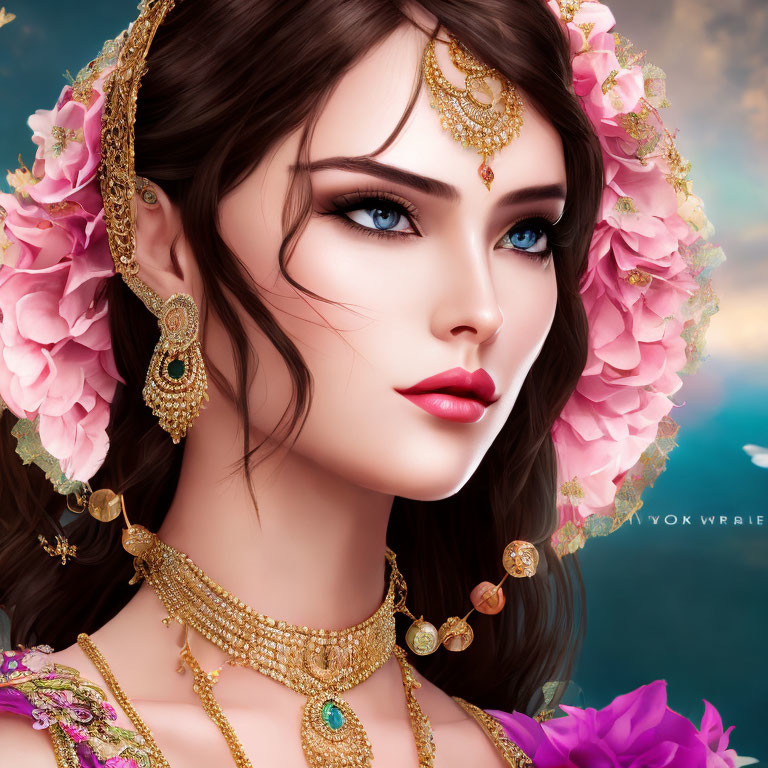 Digital art portrait of woman with gold jewelry, headpiece, pink flowers, blue sky