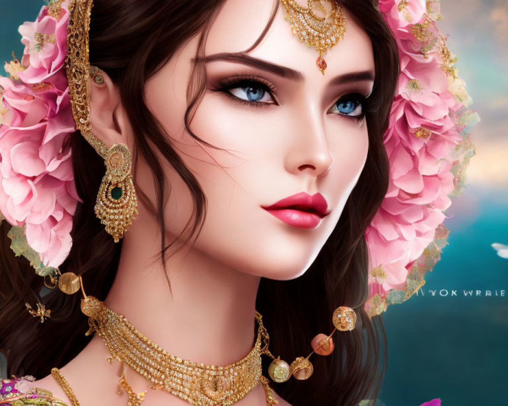 Digital art portrait of woman with gold jewelry, headpiece, pink flowers, blue sky