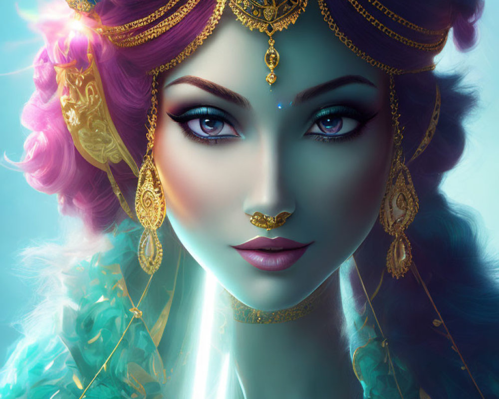 Violet-skinned woman with multi-colored hair and golden jewelry in digital artwork