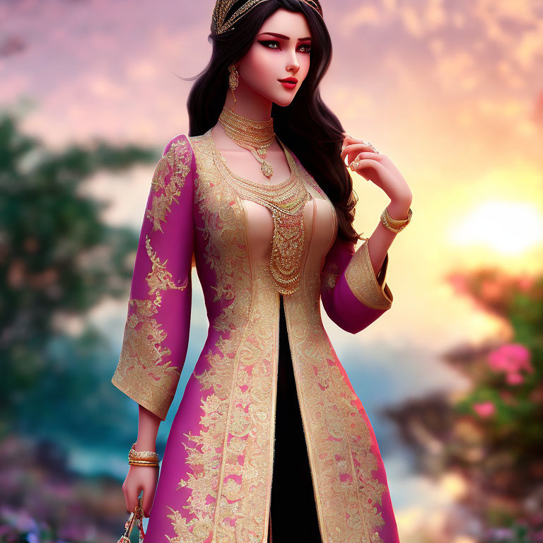 Traditional Attire Woman in Gold Jewelry Against Sunset Background