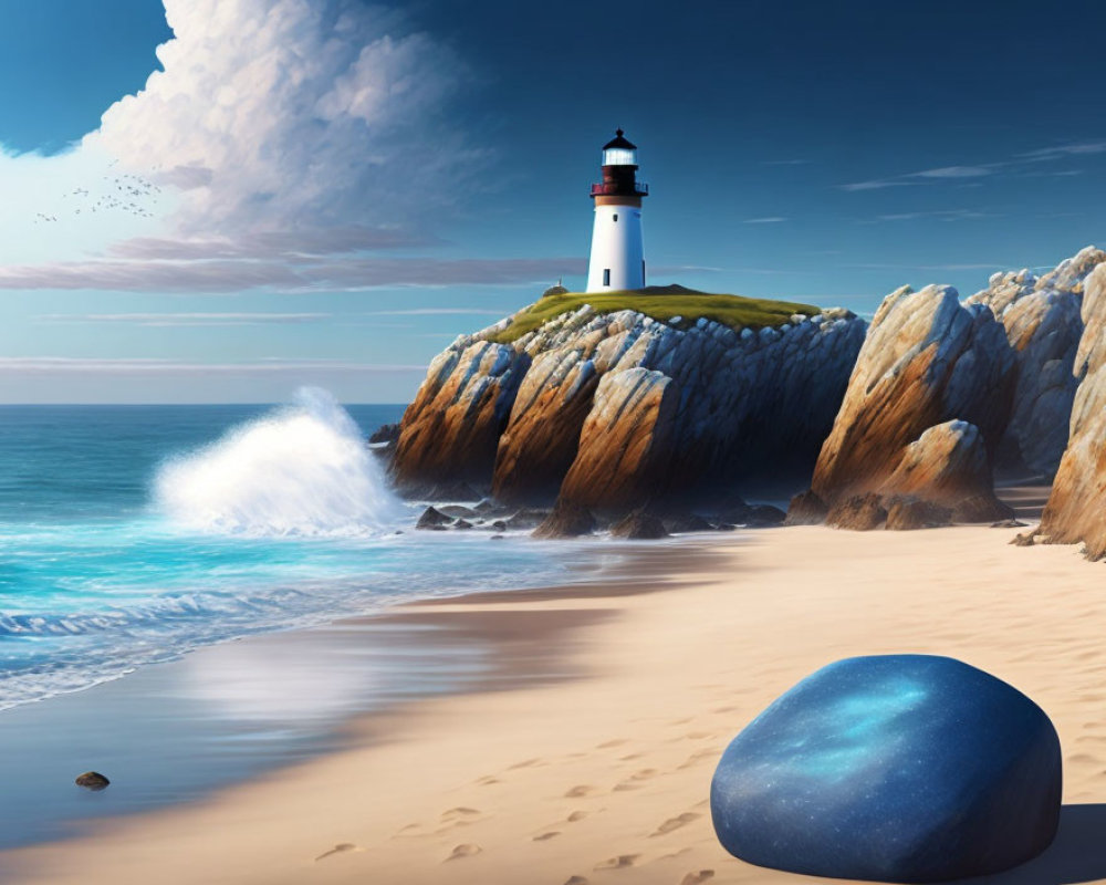 Tranquil beach with lighthouse, cliffs, blue stone, crashing waves, and cloudy sky