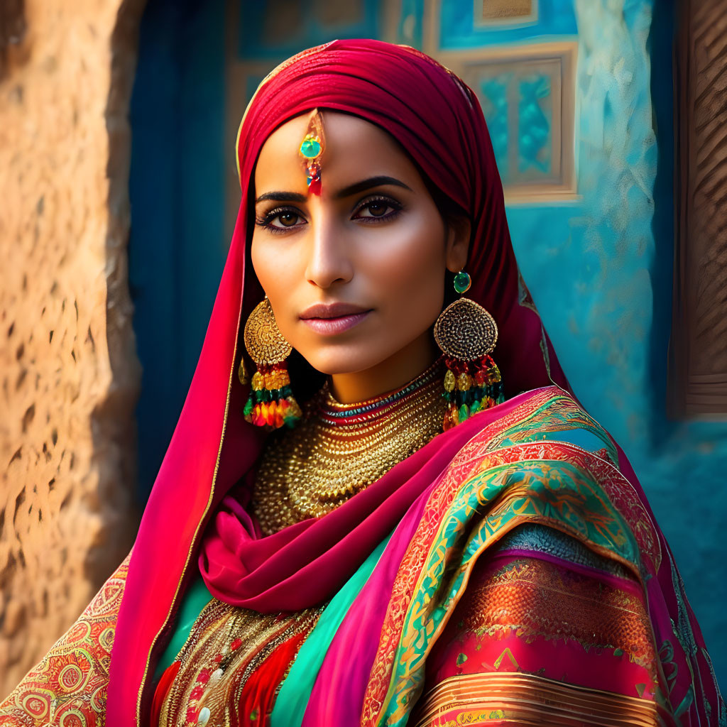 Traditional South Asian Attire Woman in Vibrant Colors on Blue Background