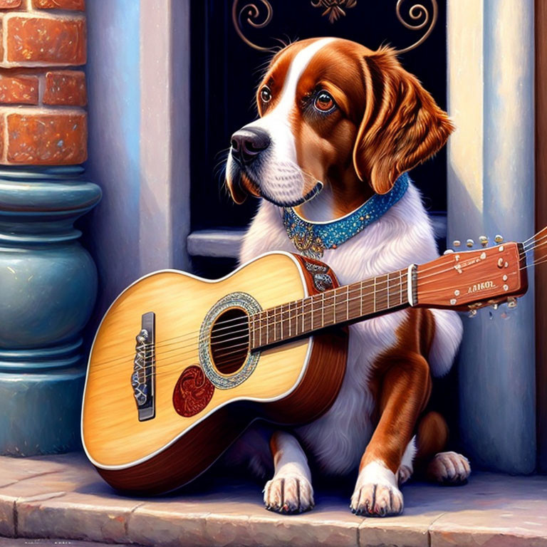 Brown and White Dog with Blue Collar Next to Acoustic Guitar and Brick Wall