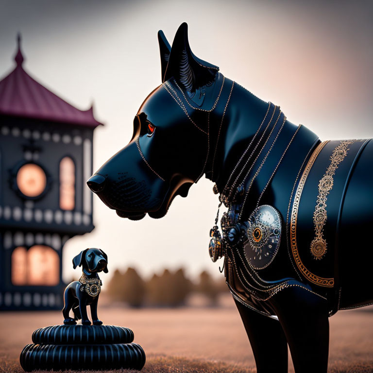 Ornate black dog figurines in warm-hued setting