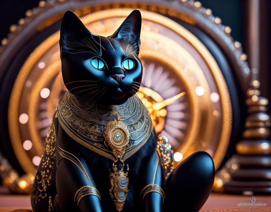 Black Cat Figurine with Blue Eyes and Gold Jewelry on Abstract Background