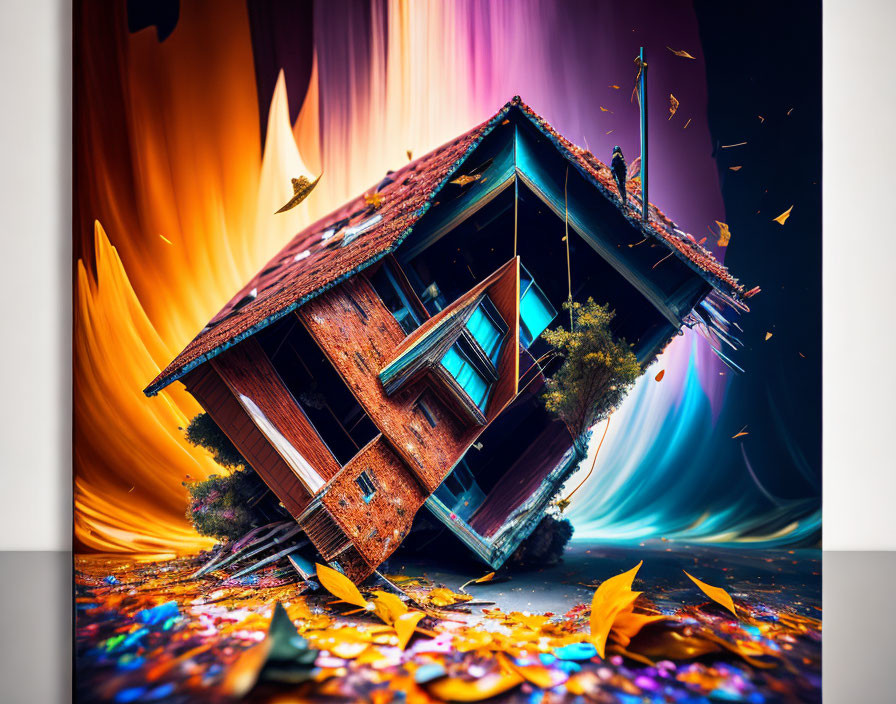 Surreal floating tilted house in swirling vortex with debris.