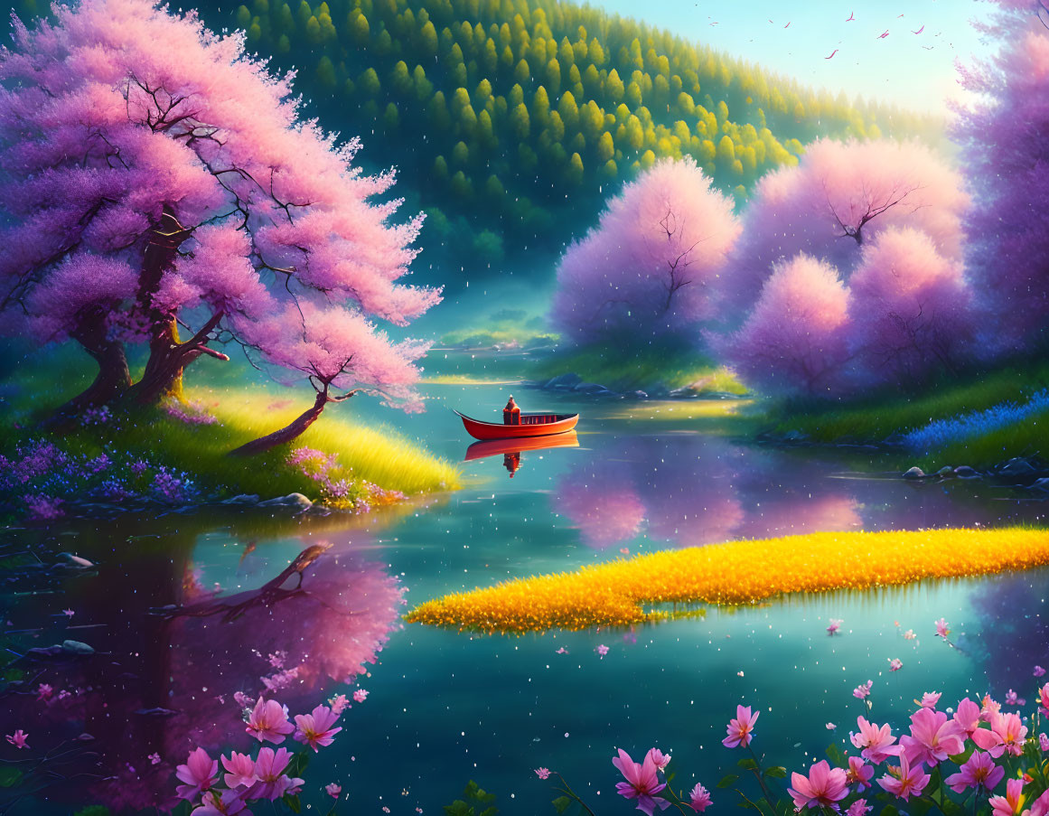 Tranquil lake with rower under cherry blossoms