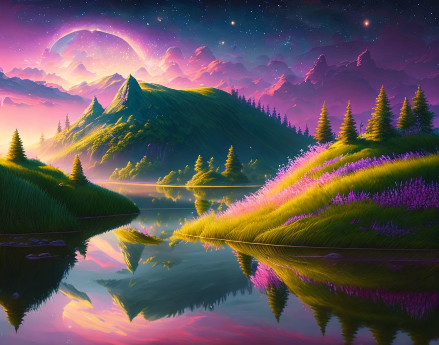 Digital Art: Serene Lakeside Landscape at Dusk