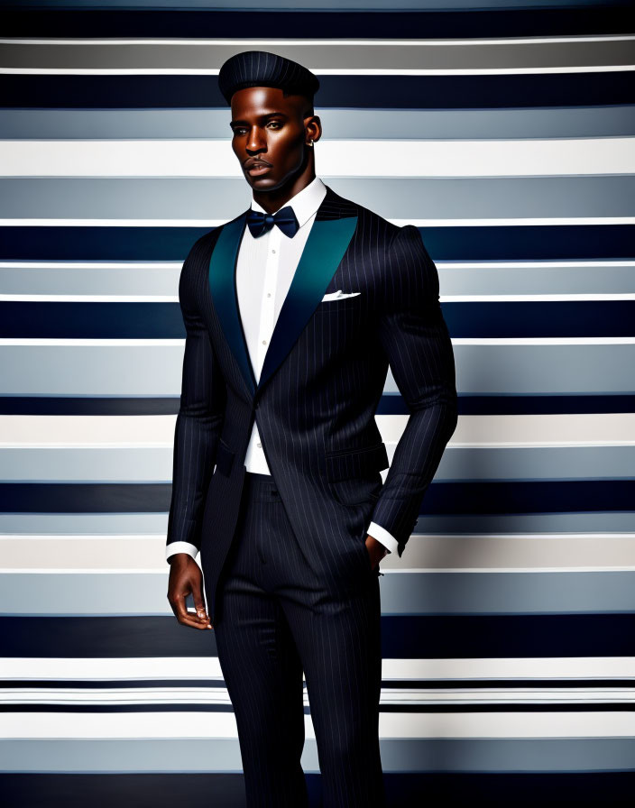 Stylish man in black tuxedo with bow tie against striped background