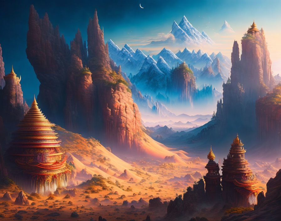 Fantasy landscape with red rock formations, pagoda temples, misty valley, and snowy peaks at