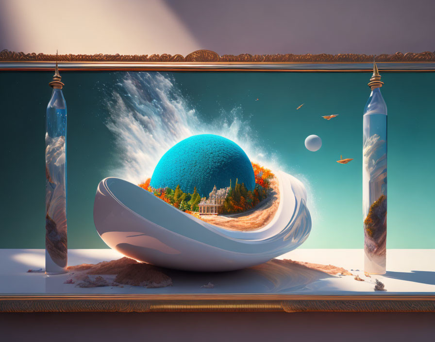 Surreal artwork: pearl sphere, lush landscape, glass vessels, cosmic backdrop, sandy surface