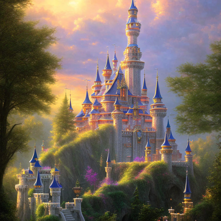 Enchanting Castle with Multiple Spires in Forested Landscape at Sunset