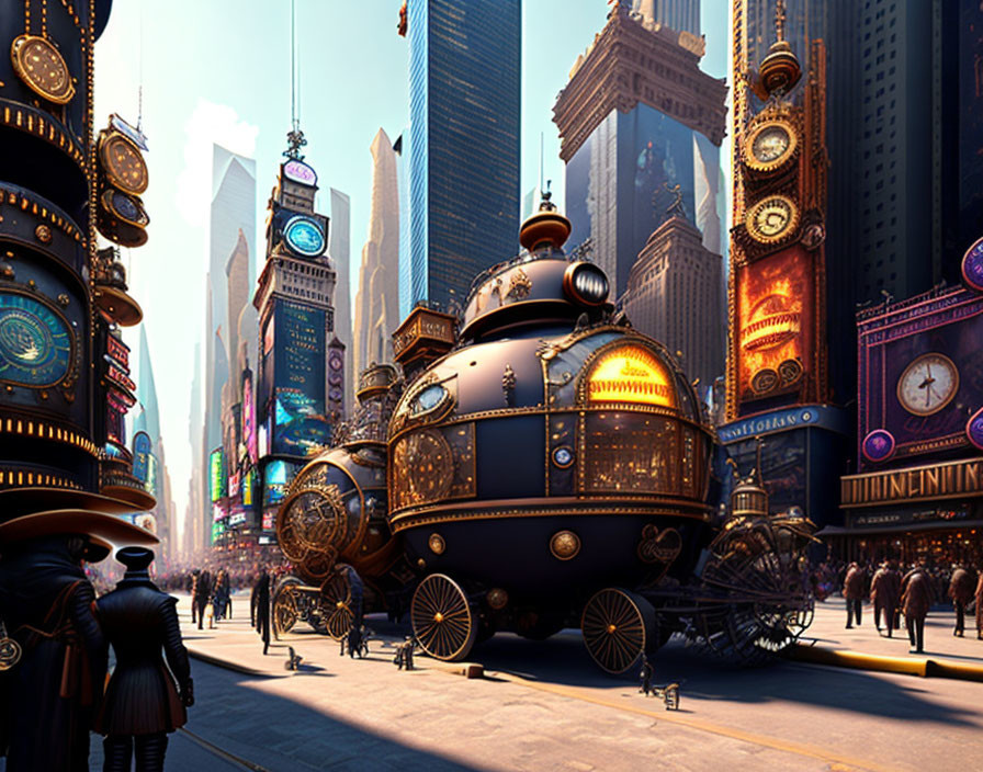 Steampunk-inspired cityscape with ornate vehicle and period attire people