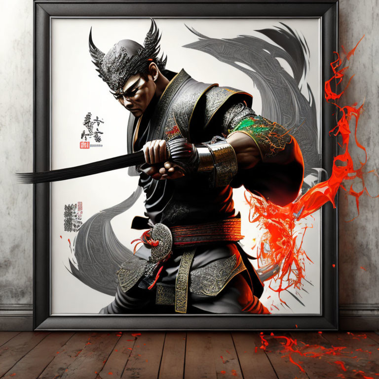 Armored Samurai Warrior With Sword on Red Ink Splash Background