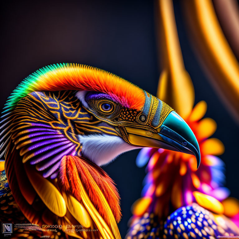 Vibrantly patterned bird with iridescent feathers on dark background