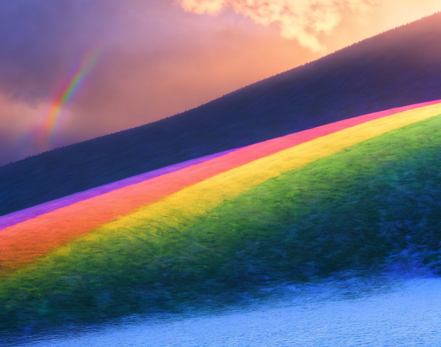 Vibrant rainbow over lush green hillside with blue water and pink clouds.