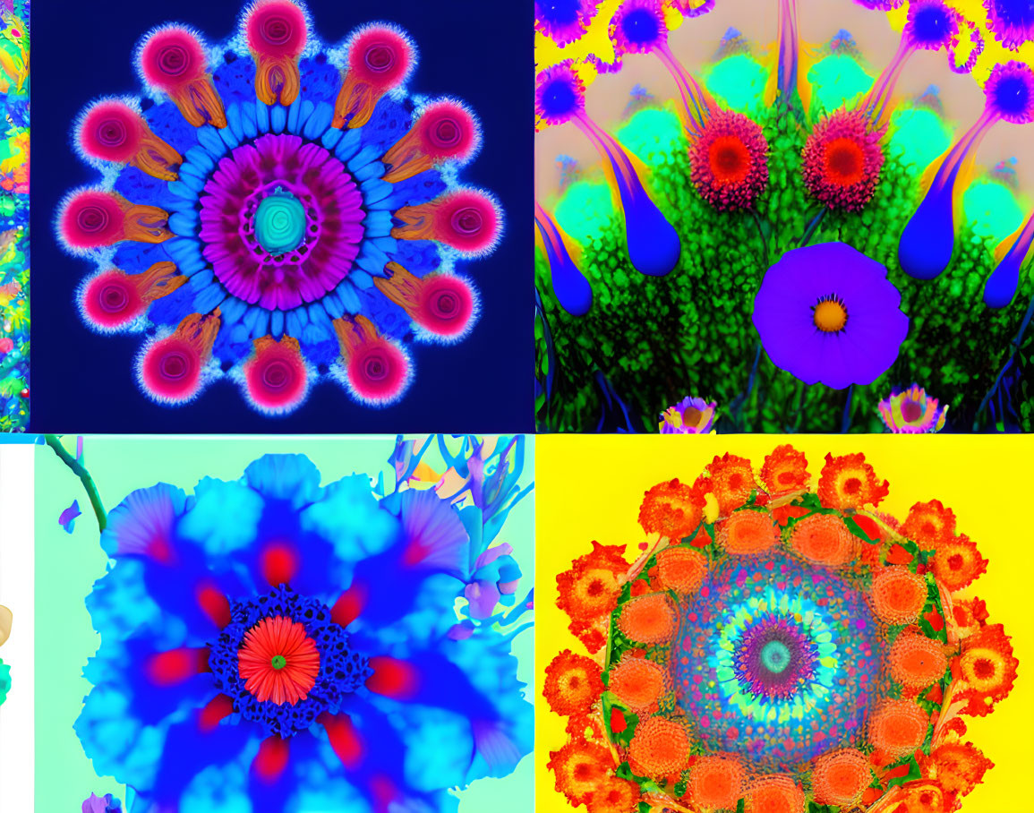 Vibrant Floral Kaleidoscopic Collage with Fractal Transformation