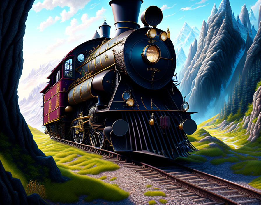 Detailed vintage black train on tracks in fantastical landscape