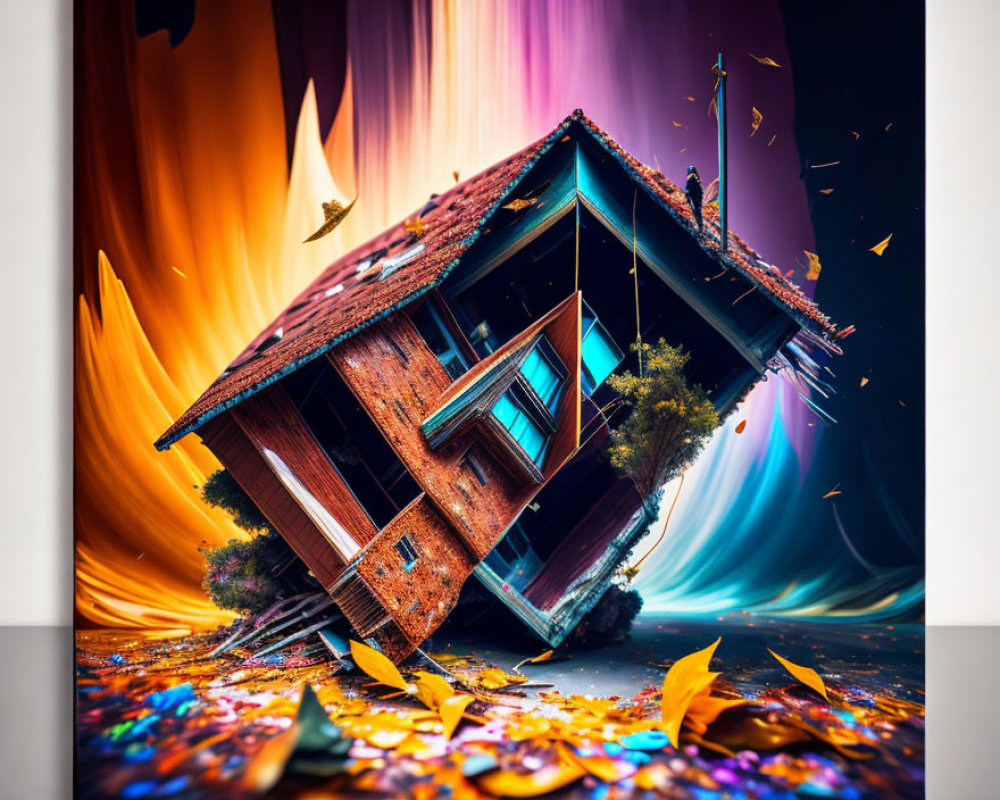 Surreal floating tilted house in swirling vortex with debris.