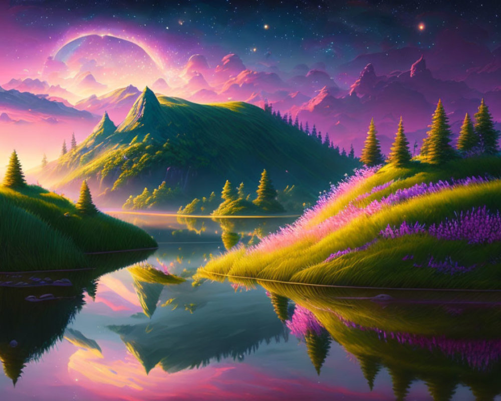 Digital Art: Serene Lakeside Landscape at Dusk