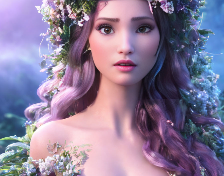 Digital Artwork: Woman with Violet Hair and Floral Crown in Mystical Forest