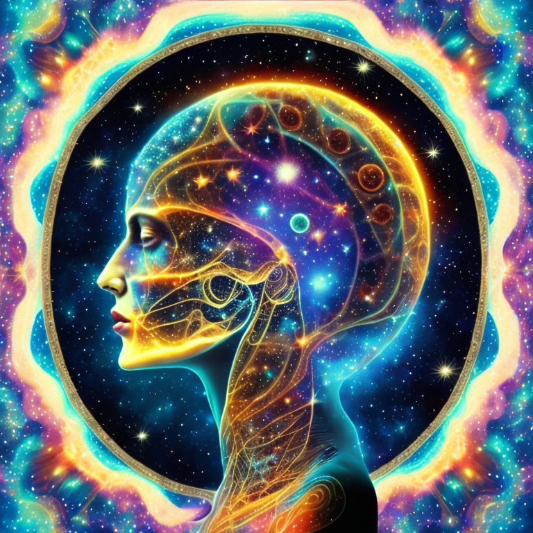 Colorful woman's profile with transparent head showing cosmic elements and neural patterns on starry background.