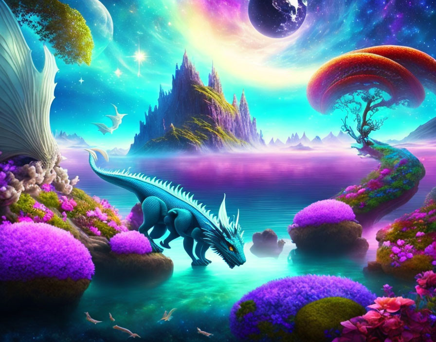 Fantasy landscape with blue dragon, castle, pink islands, cosmic backdrop