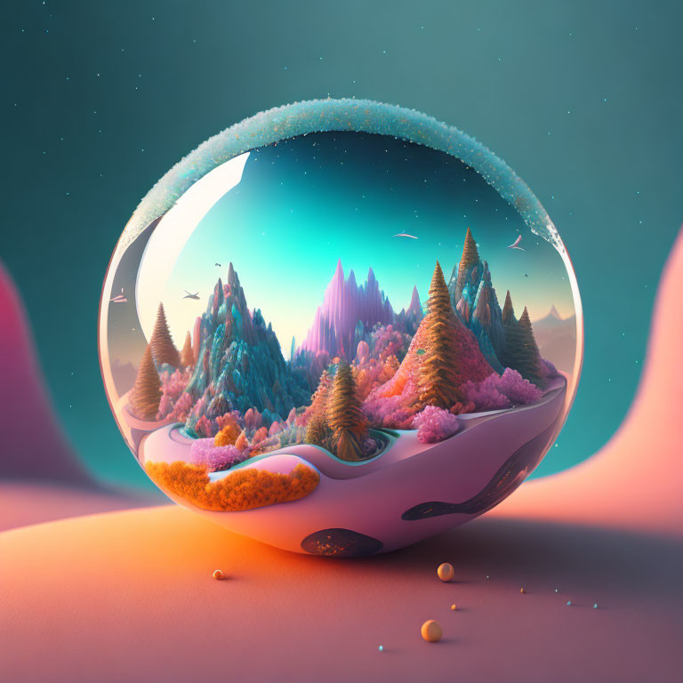 Surreal landscape in glass orb with pink and green hues