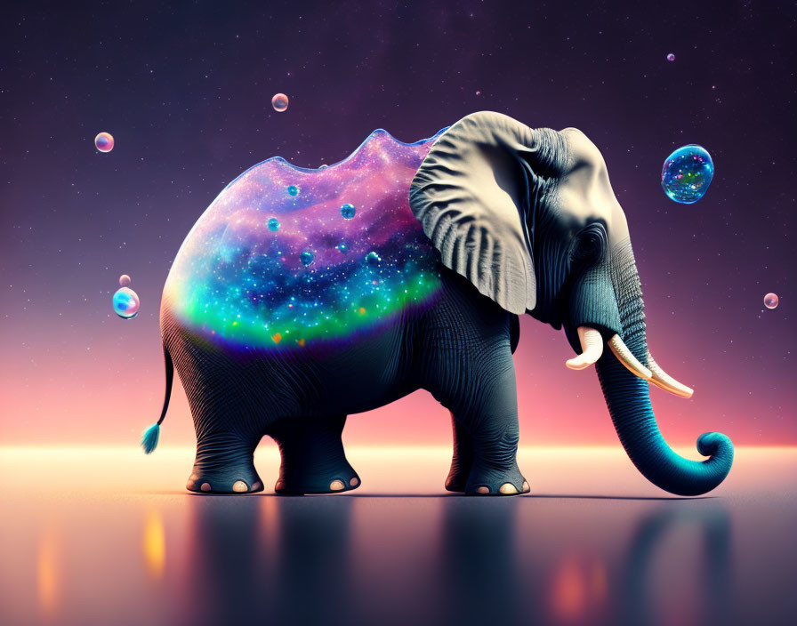 Surreal elephant with cosmic pattern in twilight sky