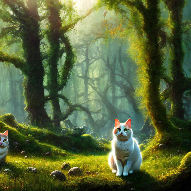 Two cats with butterfly wings in mystical forest with sunlight.