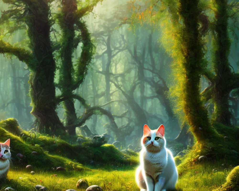 Two cats with butterfly wings in mystical forest with sunlight.