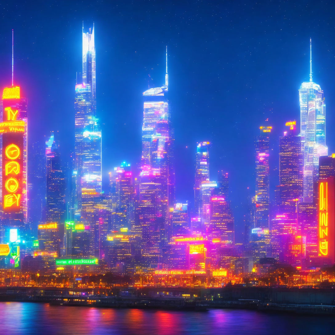 Neon-lit city skyline at night with shimmering reflections