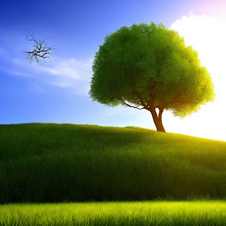 Vibrant image of lush green tree on sunlit hill with stark leafless tree in background