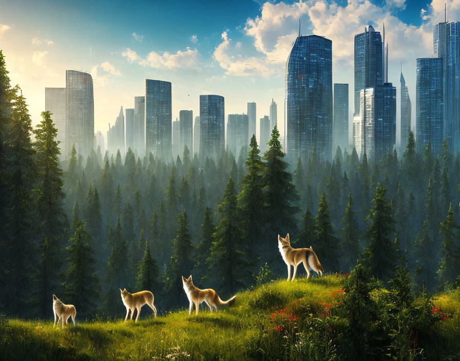 Pack of Wolves in Lush Green Forest with Skyscrapers in Background