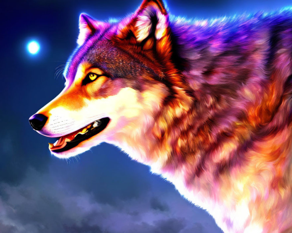 Vibrant digital art: wolf under night sky with bright moon