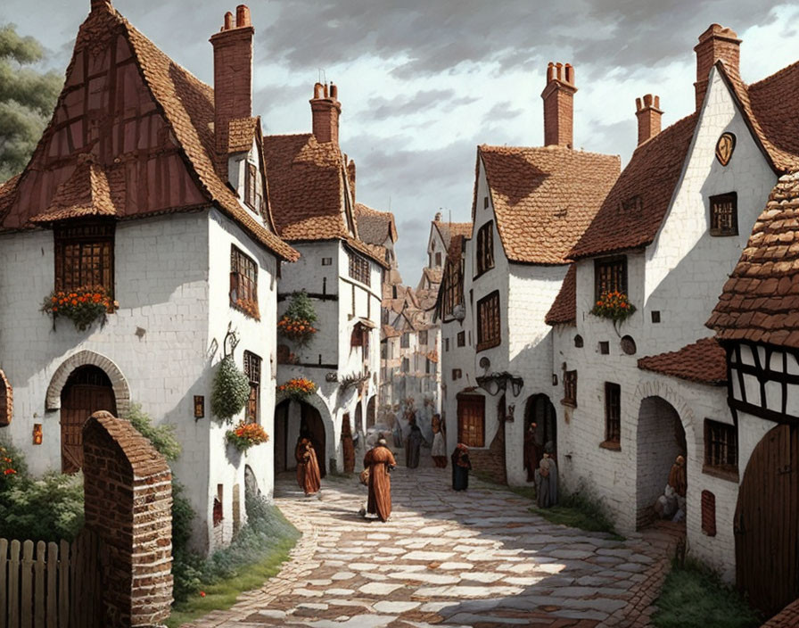 Medieval village street with cobblestones, timber-framed houses, and residents in period attire