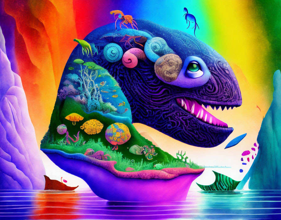 Colorful chameleon illustration with micro-ecosystem body and rainbow backdrop