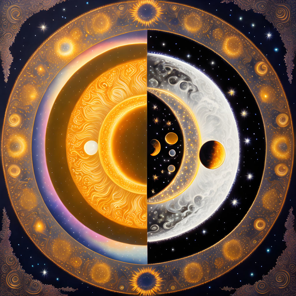 Circular Image: Sun and Moon Halves with Celestial Patterns