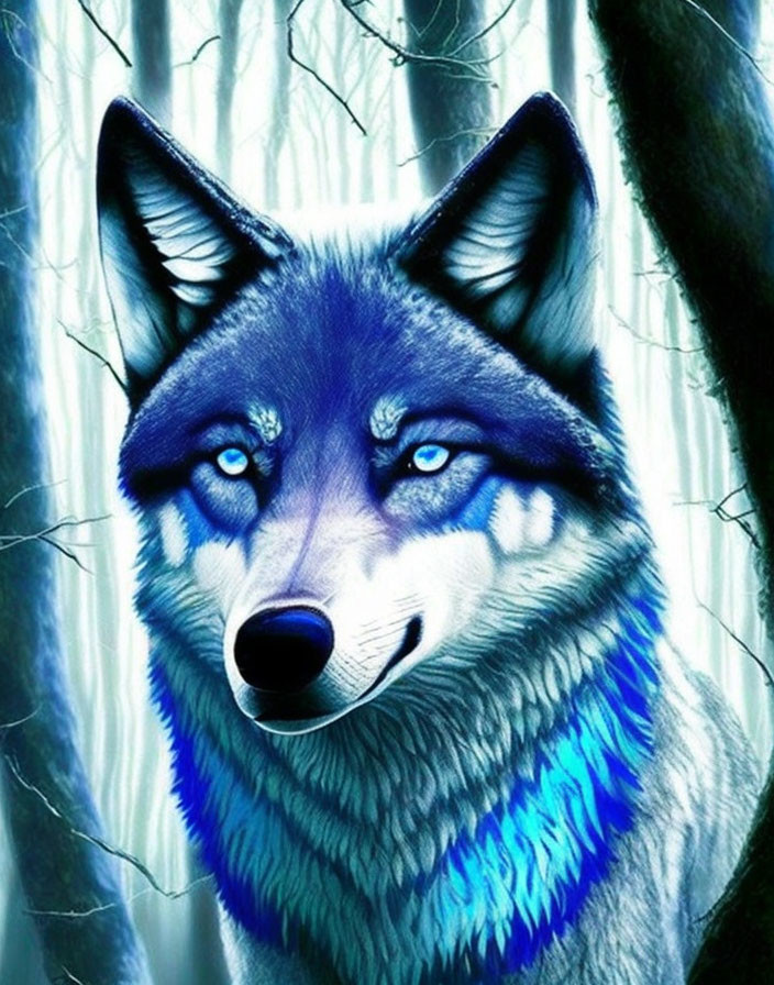 Blue-toned wolf with piercing eyes in misty forest scenery